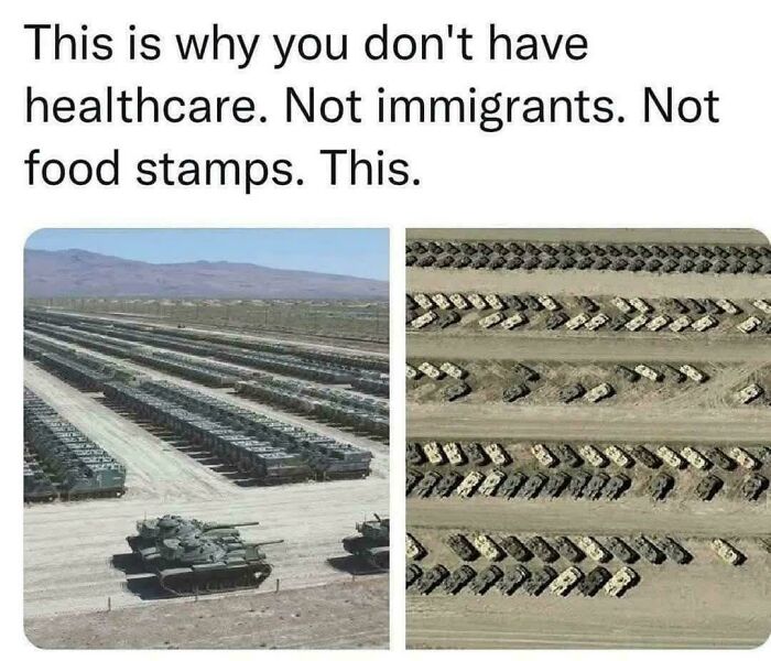 Rows of military tanks parked in a desert highlighting issues related to life in America and healthcare debates.