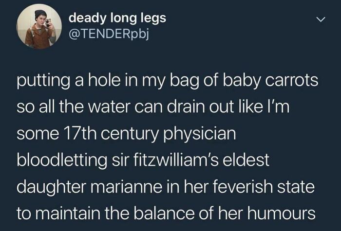 Tweet about putting a hole in a bag of baby carrots to drain water, showing strangely specific and relatable moments.