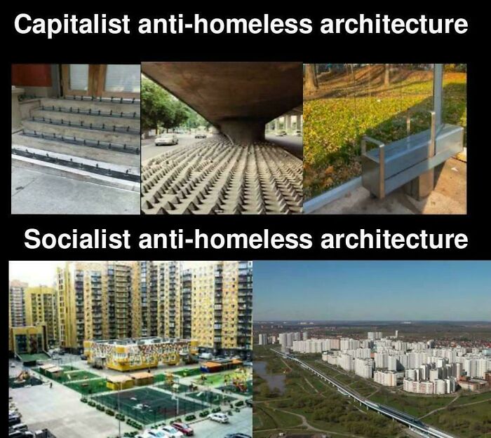 Anti-homeless architecture examples in America showing capitalist spikes and socialist urban apartment complexes.