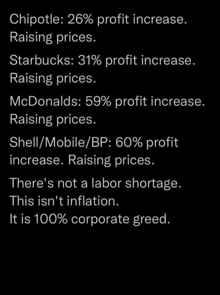 Profit increases and price hikes by major companies highlighting corporate greed in life in America.