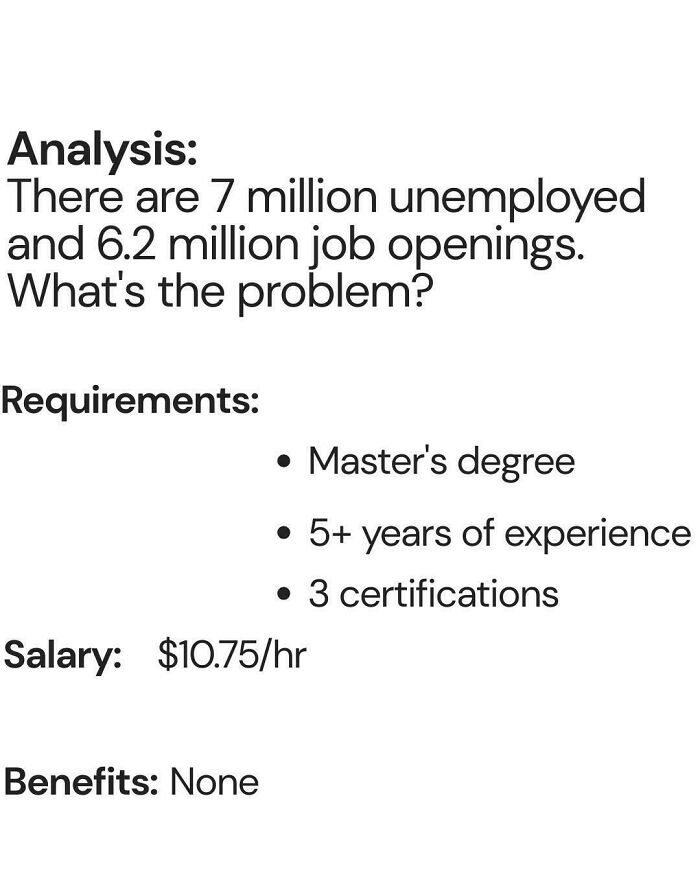 Analysis of life in America showing job market issues with unemployment, job requirements, low salary, and no benefits.