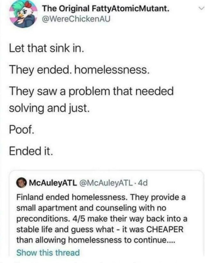 Social media post discussing how Finland ended homelessness with apartments and counseling, reflecting life in America insights.