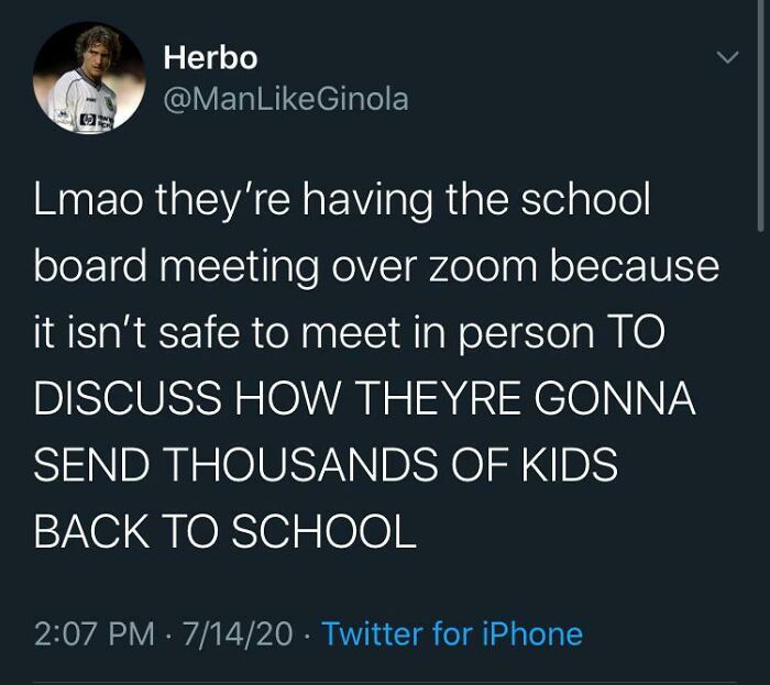 Tweet about school board meeting held over Zoom, highlighting life in America during the pandemic and school reopening challenges.