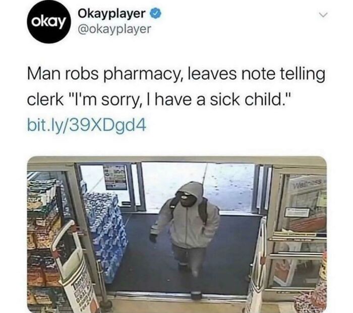 Surveillance image of a masked man entering pharmacy during robbery, highlighting life in America challenges.