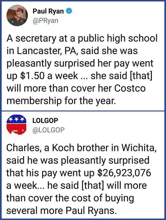 Tweets contrasting pay increases of a public school secretary and a Koch brother, highlighting life in America income disparity.