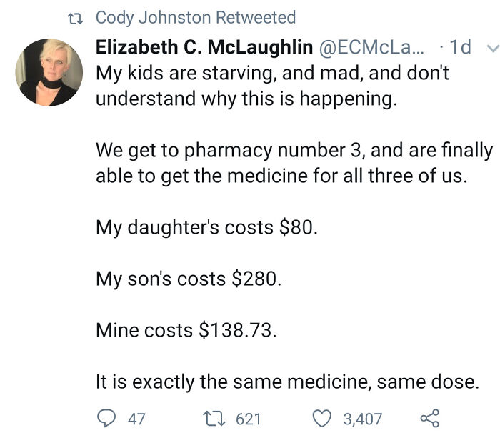 Tweet about medicine costs reflecting challenges of life in America, with detailed prices for three family members.