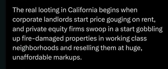 Text explaining how corporate landlords and private equity firms cause housing issues through price gouging and reselling in America.