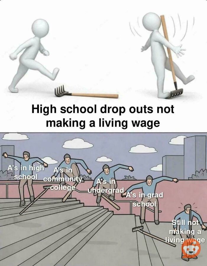 Two panels showing struggles with making a living wage depicting life in America challenges and education impact.