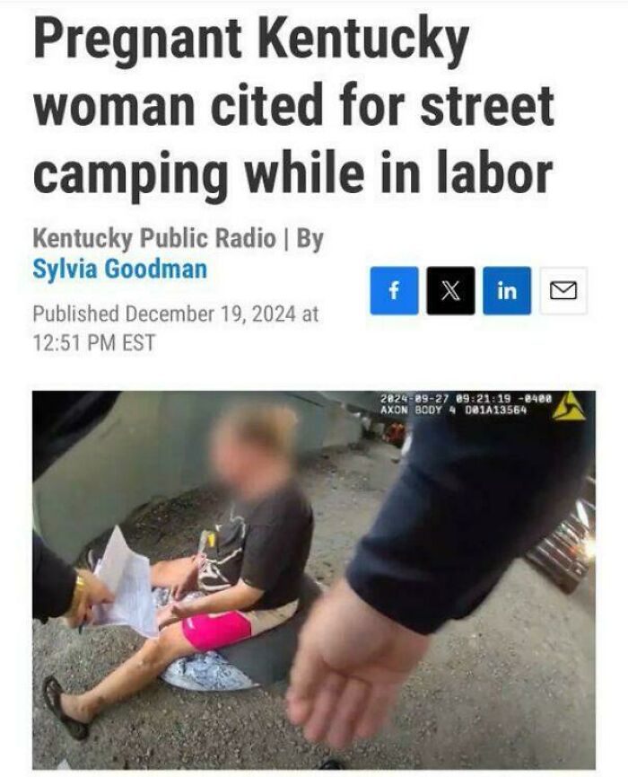 Pregnant woman cited for street camping in Kentucky, highlighting unusual challenges of life in America today.