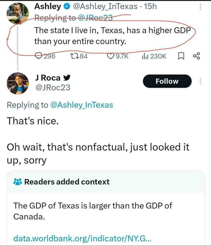 Twitter exchange discussing Texas GDP compared to countries, highlighting aspects of life in America economic facts.
