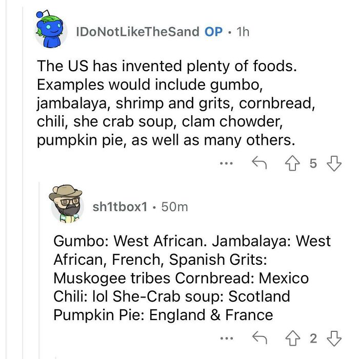 Conversation about foods often credited as American but with origins in West Africa, Europe, and Native tribes, life in America context.