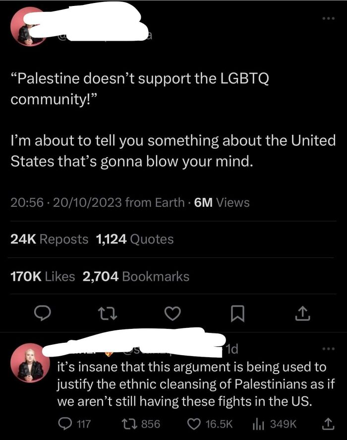 Screenshot of a social media post discussing LGBTQ issues and ethnic conflicts in the United States within the context of life in America.