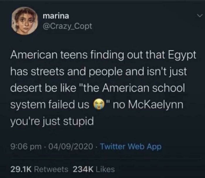 Tweet humorously highlighting American teens' misconceptions about other countries, reflecting life in America and education challenges.