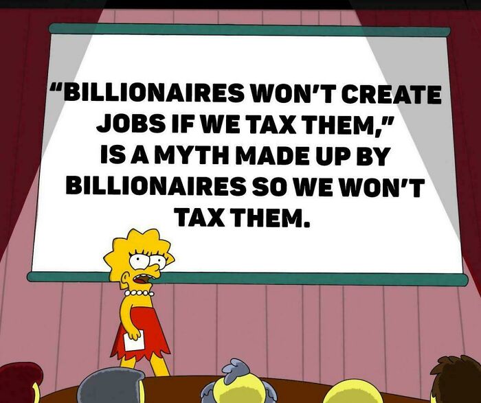 Lisa Simpson presenting a message on life in America about billionaires, jobs, and taxation in a classroom setting.