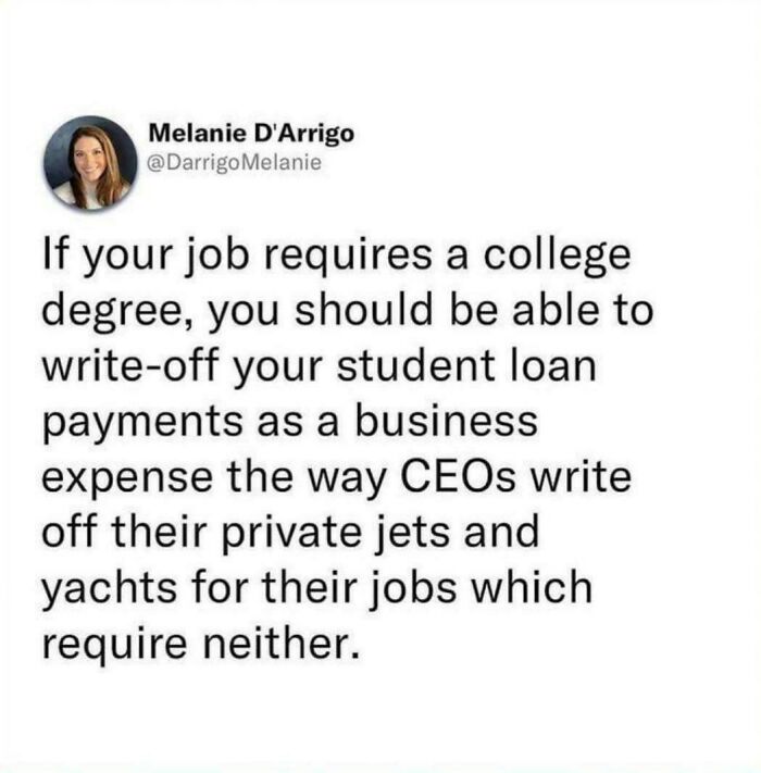 Post about life in America discussing student loan payments and business expenses related to jobs requiring a college degree