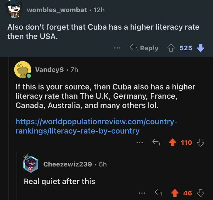 Reddit comments discussing literacy rates comparing Cuba and the USA, related to life in America statistics.