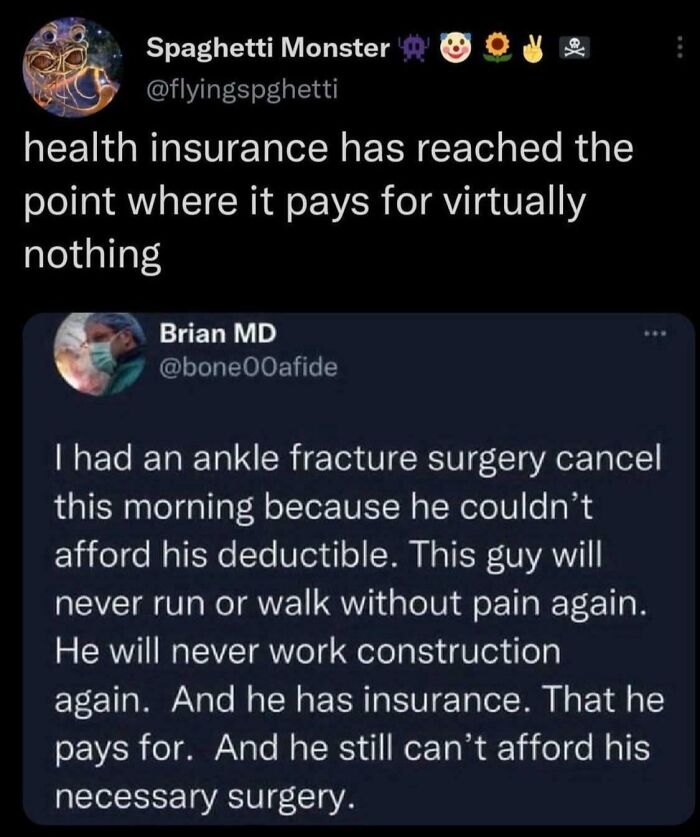 Screenshot of social media posts discussing health insurance issues and the high cost of medical care in America.