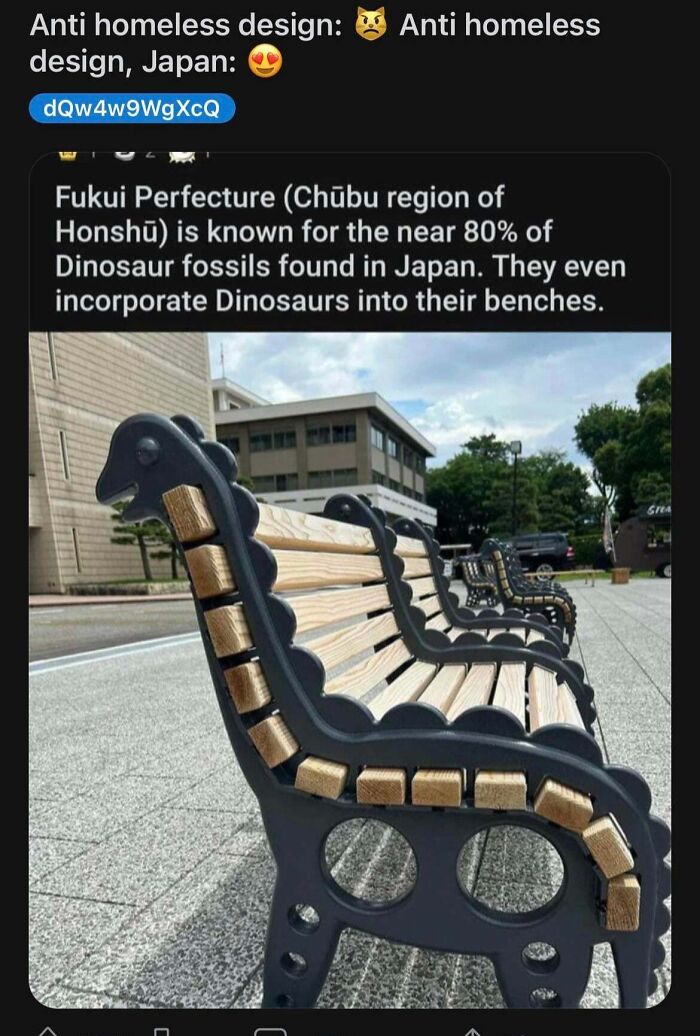Outdoor benches designed with dinosaur motifs, showcasing creative public life in America urban spaces and culture.