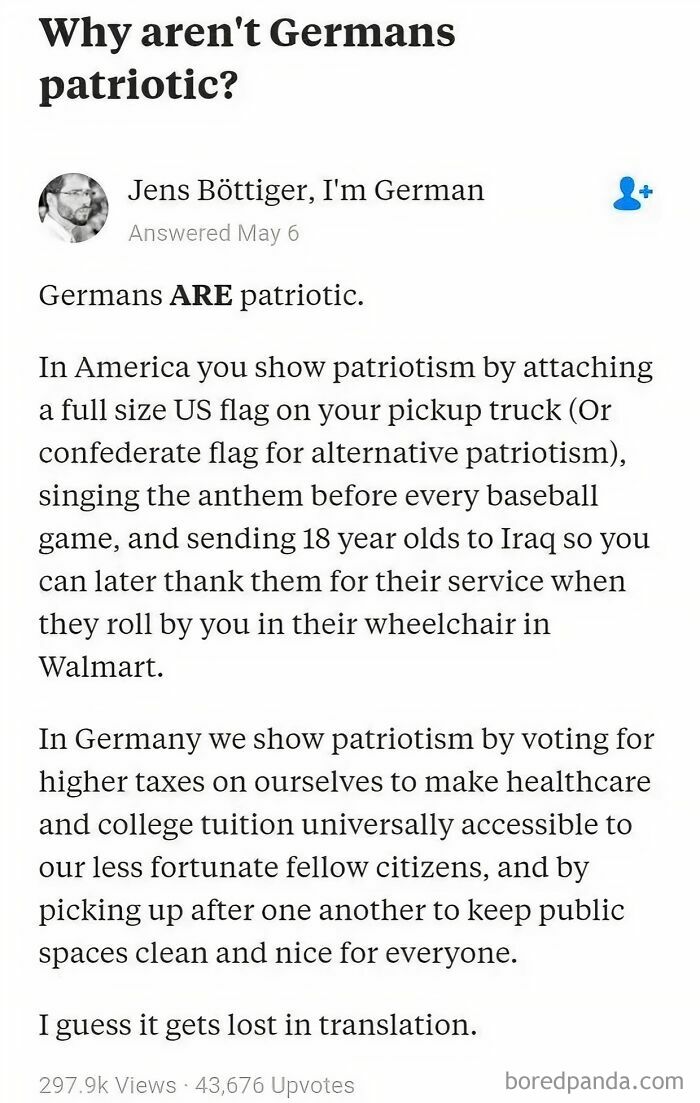 Text post comparing patriotism in America and Germany, discussing life in America and cultural attitudes on patriotism.