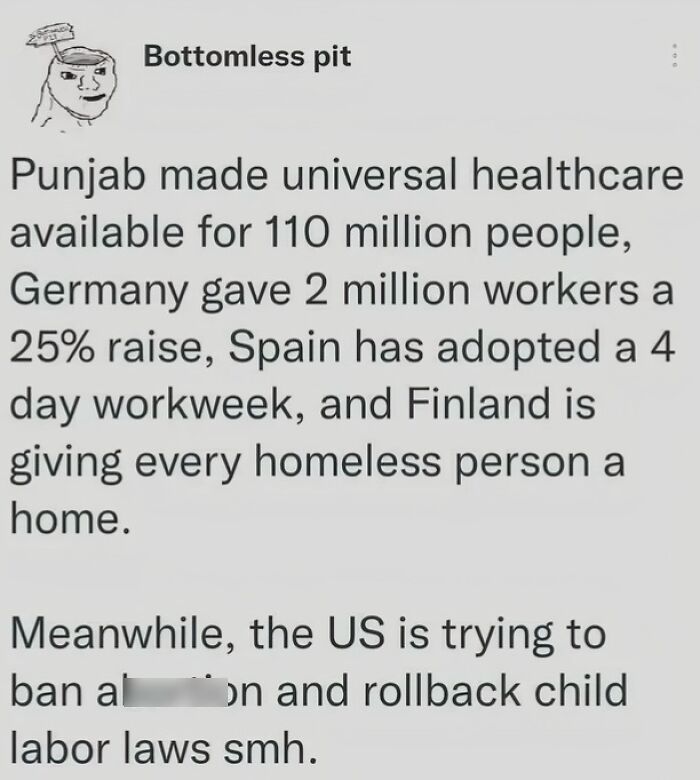 Text post discussing global social policies, contrasting them with issues in the US, related to life in America topics.