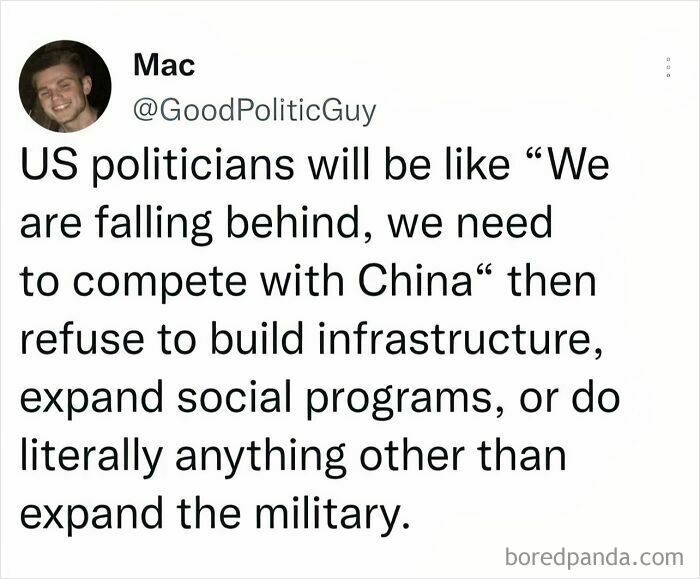 Tweet about US politicians' priorities highlighting challenges in life in America related to infrastructure and social programs.