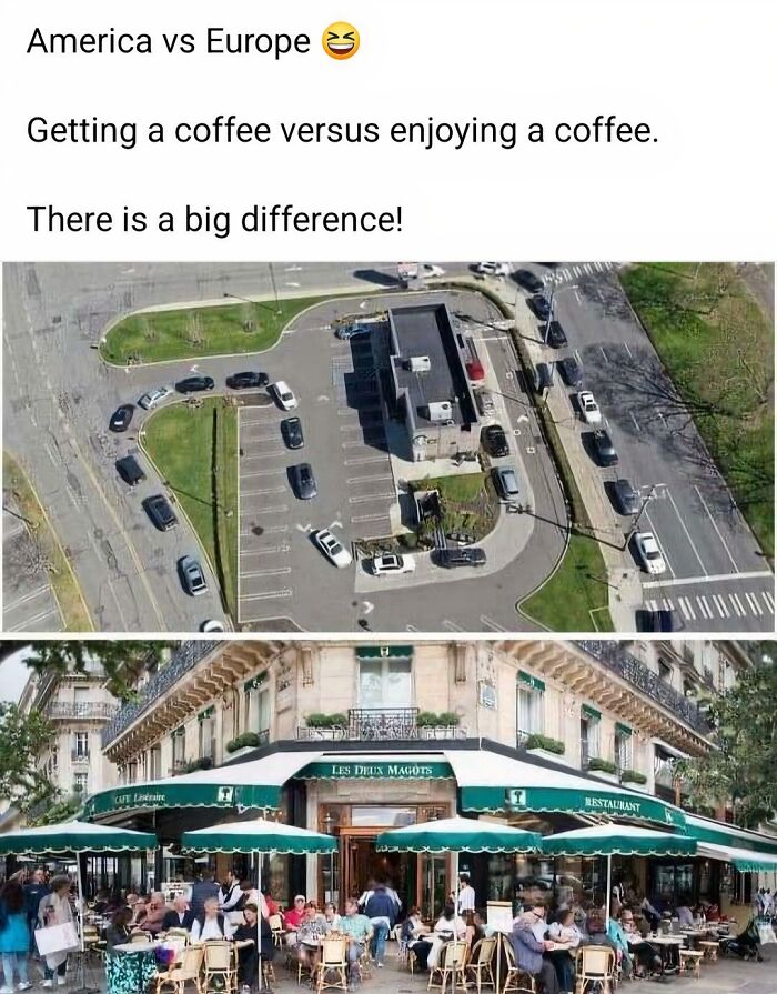 Aerial view of drive-thru coffee line in America versus outdoor café seating in Europe showing life in America differences.
