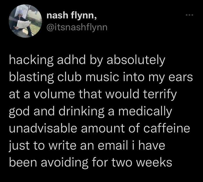 Screenshot of a relatable social media post humorously describing a strangely specific ADHD coping hack with music and caffeine.