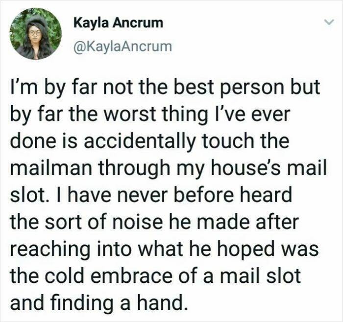 Tweet describing an awkward moment of accidentally touching the mailman through a mail slot, showcasing strangely specific relatable humor.