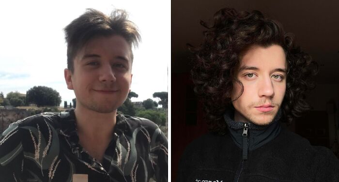 Side-by-side comparison of extreme glow-up showing a young man before and after transformation with different hairstyles and expressions