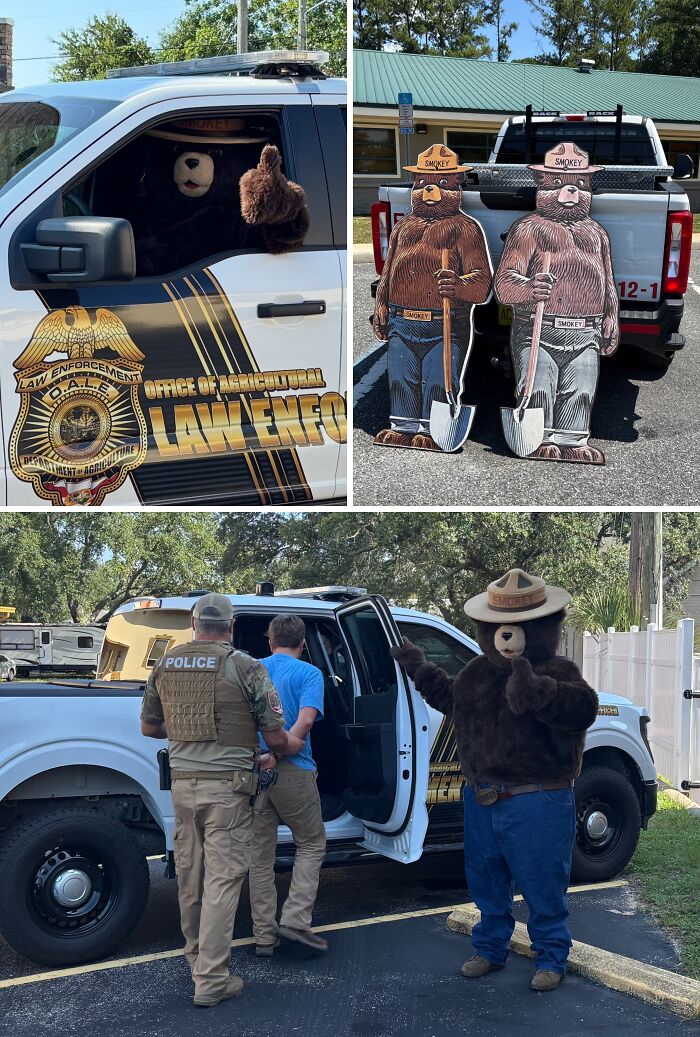 Smokey Bear mascot with law enforcement in agricultural setting representing gut warnings about serious issues.