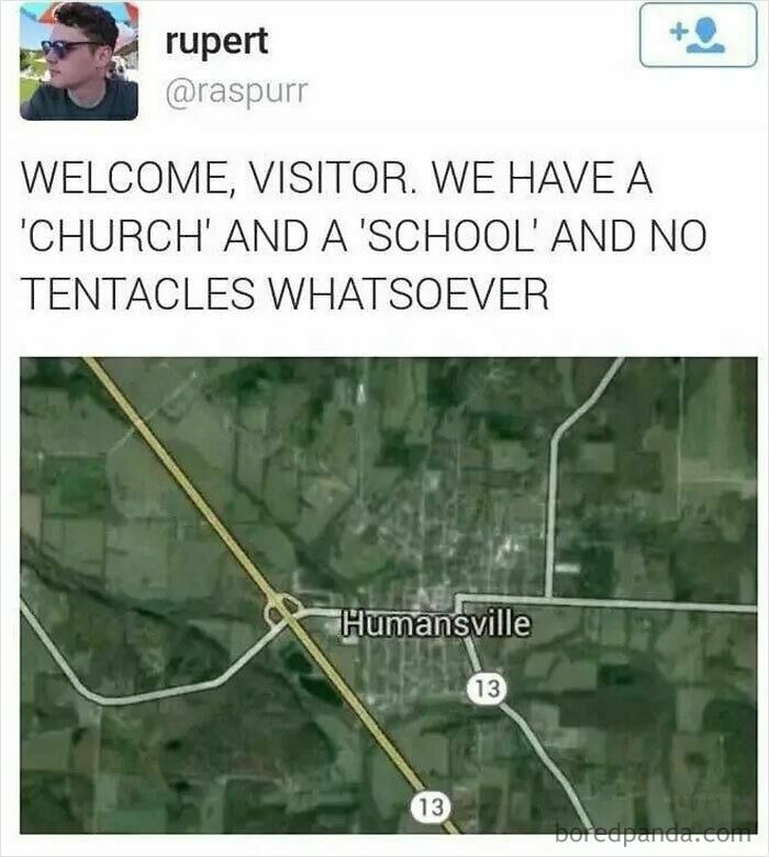 Funny safe-for-work meme showing a tweet about a town called Humansville with no tentacles mentioned.