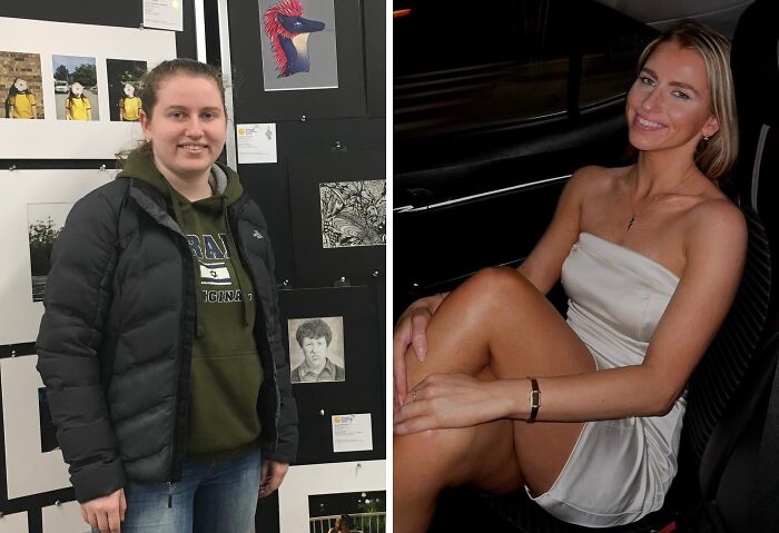 Before and after extreme glow-up transformation showing dramatic changes in appearance and style.