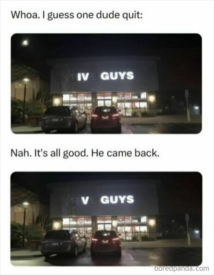 Funny and lighthearted safe-for-work meme showing a store sign with blinking letters creating a humorous effect at night.