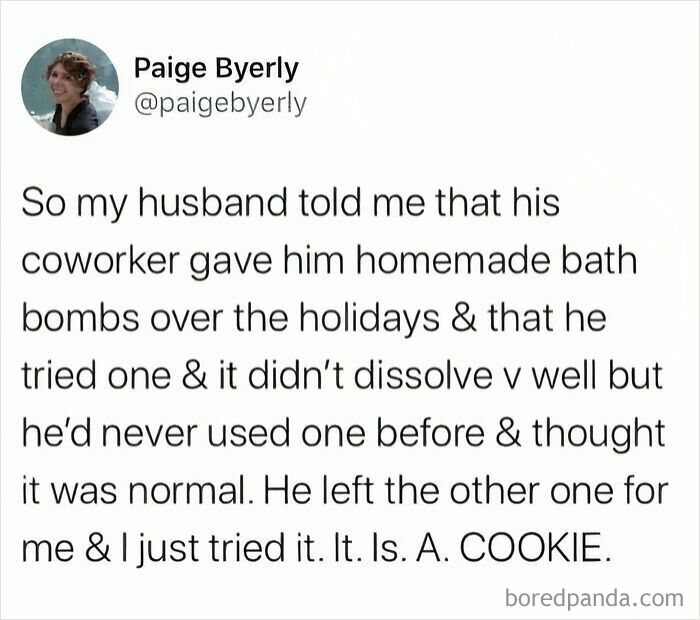 Screenshot of a lighthearted meme about homemade bath bombs mistaken for cookies, fitting safe-for-work funny memes.