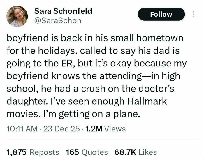 Tweet about a boyfriend’s hometown ER visit and high school crush, showing strangely specific and relatable moments.