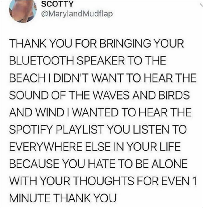 Text post showing a strangely specific and relatable thank you message about bringing a Bluetooth speaker to the beach.