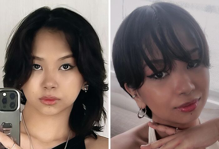 Side-by-side photos showing extreme glow-up transformation with different hairstyles and makeup looks.