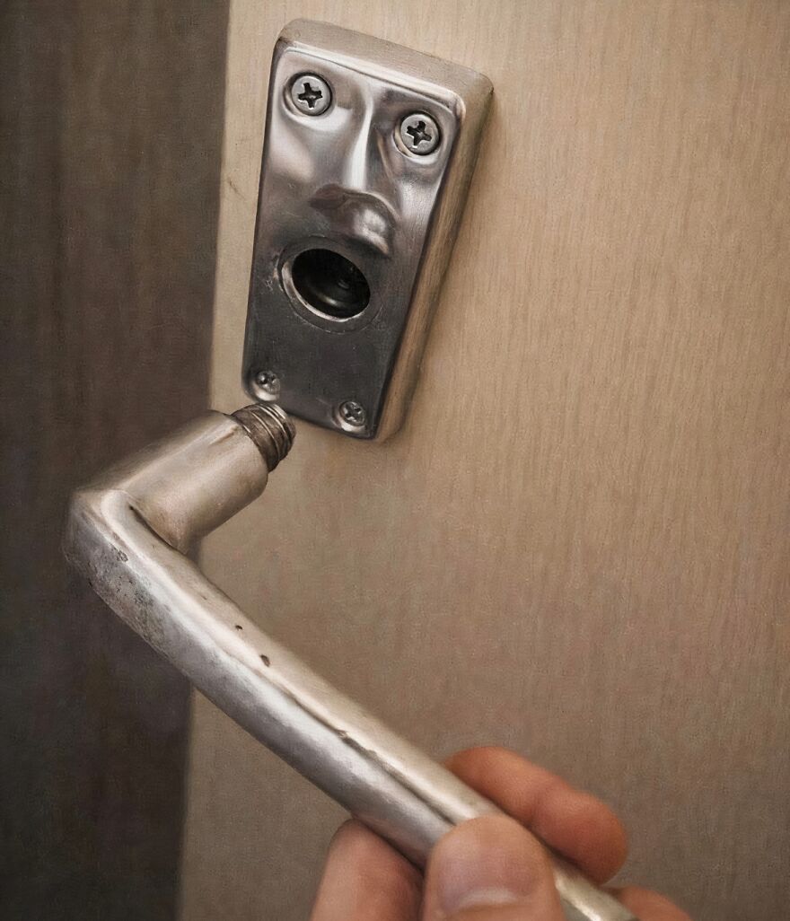 Metal door handle detached from the plate resembling a surprised face, an example of pareidolia phenomenon.