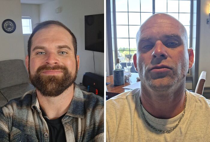 Side-by-side photos showing an extreme glow-up transformation of a man with different hairstyles and beard styles.