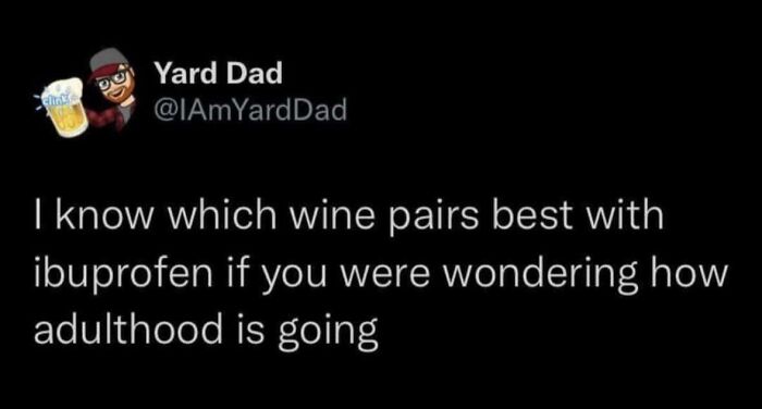 Tweet from Yard Dad humorously sharing strangely specific yet relatable advice about wine and ibuprofen for adulthood.
