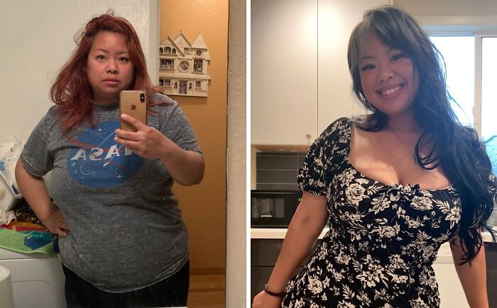 Woman showing extreme glow-up transformation, before with casual clothes and after wearing floral dress, smiling confidently.