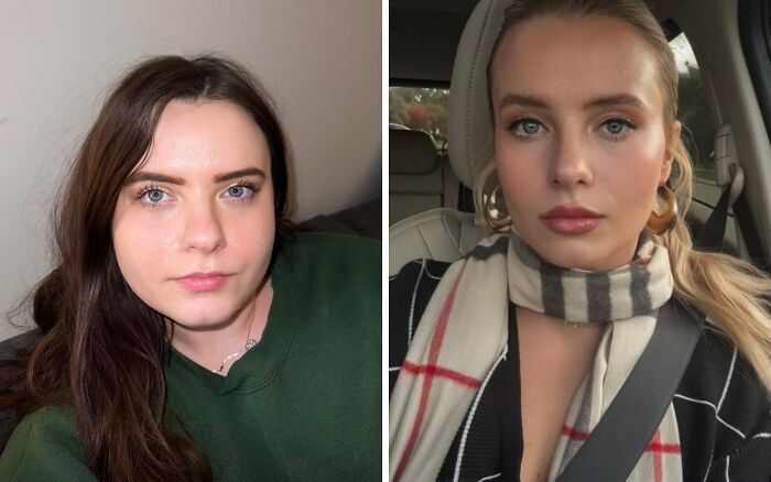 Before and after extreme glow-up photos showing a woman's dramatic transformation with makeup and styling changes.