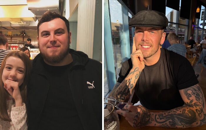 Before and after extreme glow-up transformation of a man, showcasing dramatic change in appearance and style.