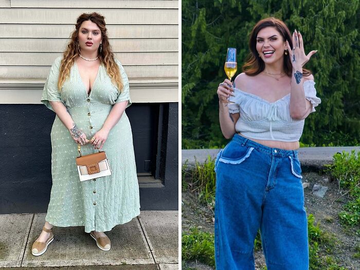 Before and after extreme glow-up transformation showing a woman’s dramatic change in style and appearance.