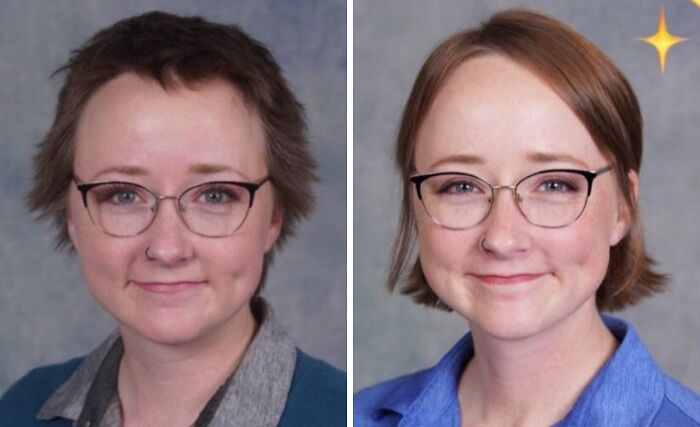 Before and after extreme glow-up showing a woman with glasses and short hair, highlighting dramatic personal transformation.