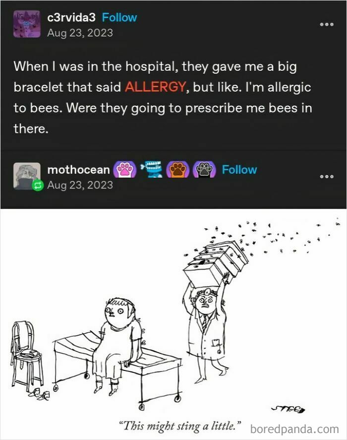 Tumblr artist illustration showing a hospital scene with a doctor holding beehives and a patient on a bed about allergy humor.