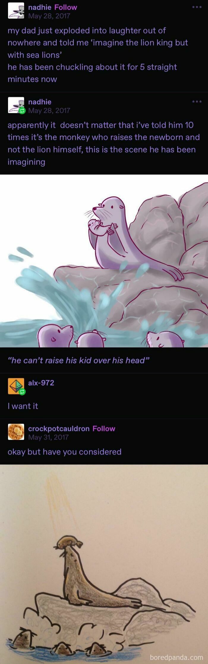 Tumblr artist draws sea lions in a humorous Lion King-inspired scene, highlighting creative internet art culture.