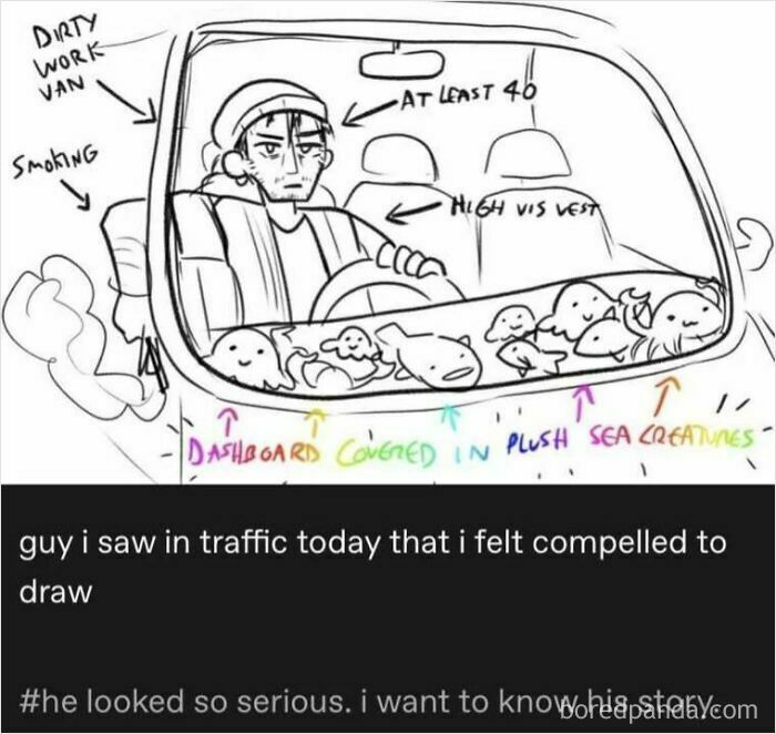 Illustration of a Tumblr artist's drawing showing a man in a van with a dashboard covered in plush sea creatures.