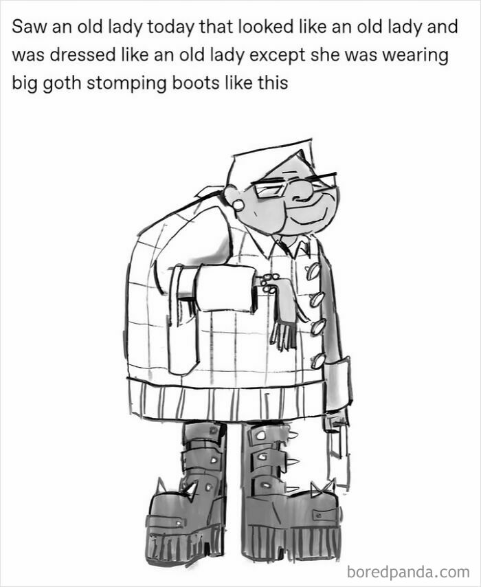 Illustration of an old lady wearing big goth stomping boots, showcasing unique style by a Tumblr artist.