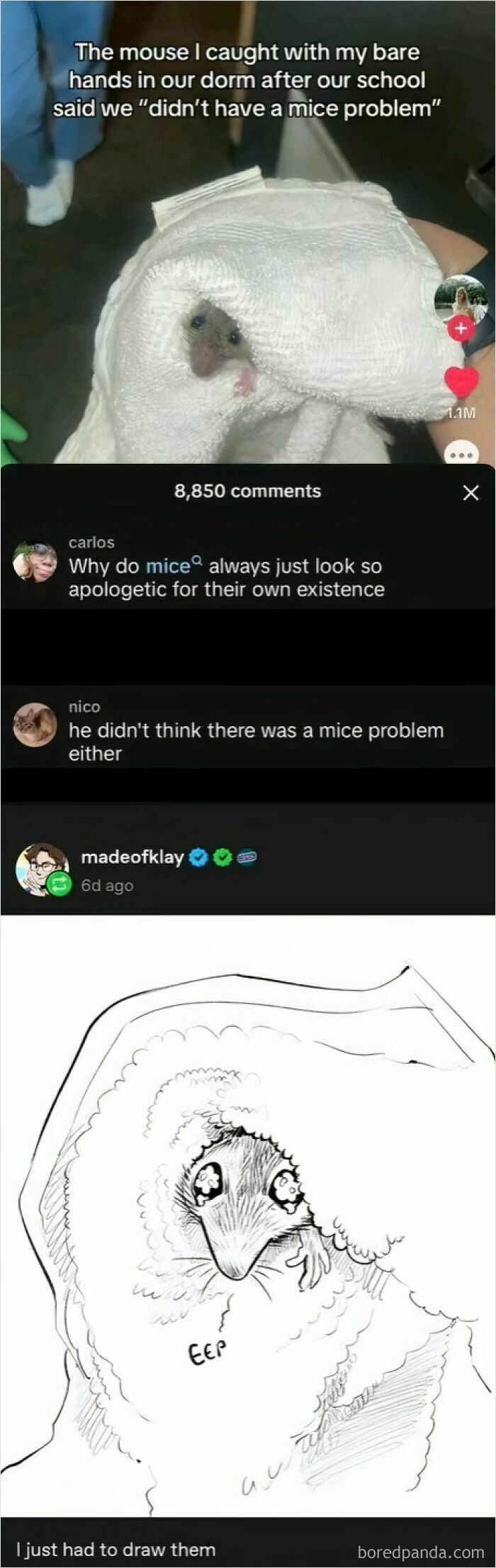 Mouse wrapped in a towel with a Tumblr artist’s drawing, showcasing cute and apologetic internet art.